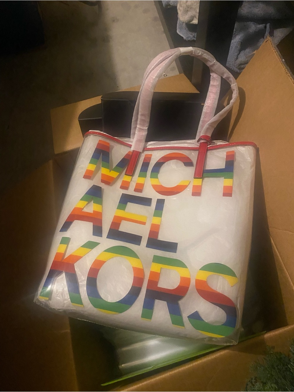 Michael Kors White Tote with Rainbow Logo Stripes